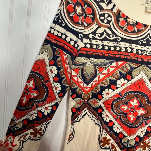 Lucky Brand Top Small Cream Red Blue Floral Embellishing Boho Peasant Spring Tee - Picture 4 of 8